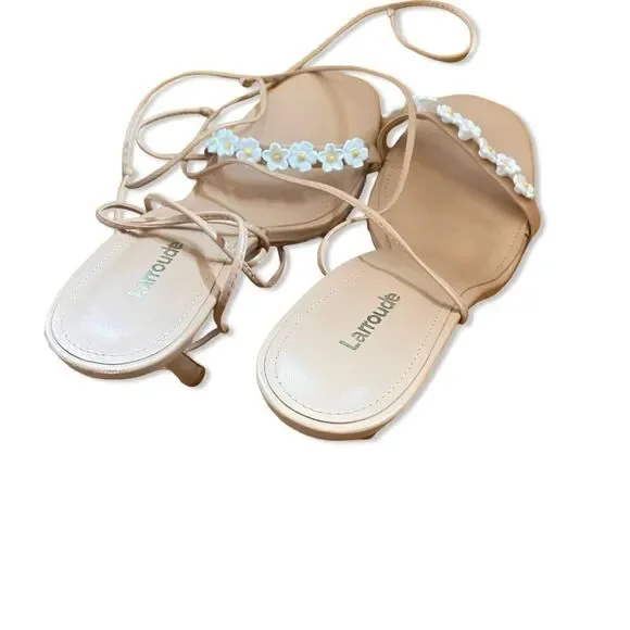 Larroude Goldie Sandals high heels shoes Tan Leather lace up flowers Sz 8.5 - Picture 7 of 15
